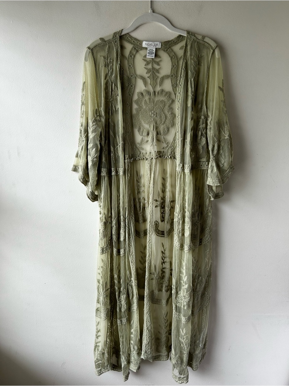 Whimsigoth Boho Romantic Rachel Zoe Lace Kimono Long Cardigan Sage Green OS